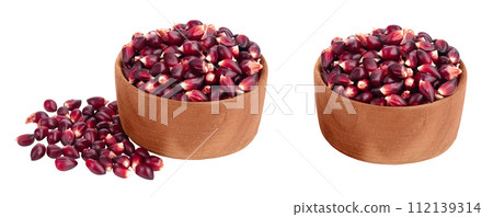 Purple corn seeds in wooden bowl isolated on white background with full depth of field 112139314
