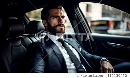 Successful Businessman in Dark Suit and Tie Contemplating in the Car Backseat 112139450