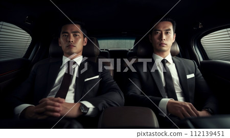 Two Asian businessmen in suits sit in the back seat of a luxury car looking out the window. 112139451