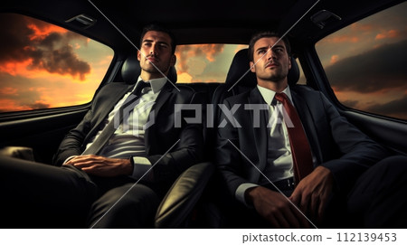 Two businessmen are sitting in the back seat of a car looking out the window. 112139453