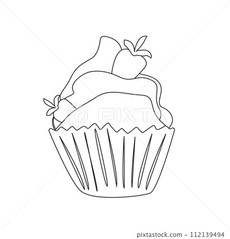 Cupcake with strawberry. Doodle vector black and white illustration. Cupcake with strawberry. Doodle vector black and white illustration. 112139494