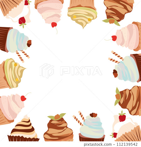 Square frame of cupcakes. Colorful border from sweets for the design Border for card and invitations. 112139542