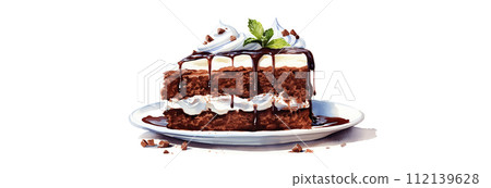 Scrumptious chocolate cake with creamy frosting and mint garnish. 112139628