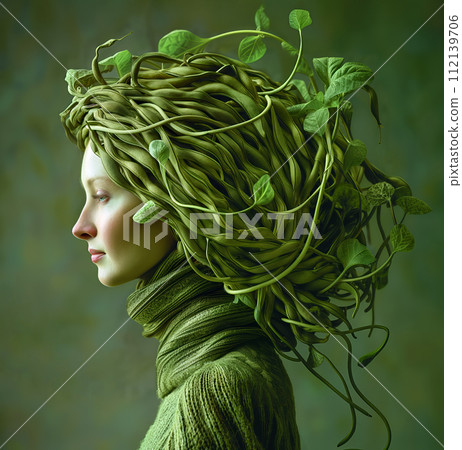 Profile of a woman with string beans and leaves as hair in an artistic nature-inspired portrait 112139706