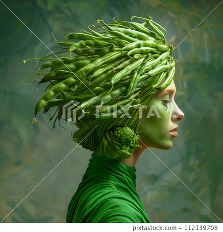 Profile of a woman with green body paint and a headdress made of green beans 112139708