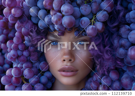 Young woman with blue eyes face surrounded by a grape clusters headdress 112139710