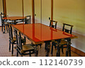 Scenery with an empty red desk and chair 112140739