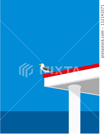 Seagull looking at the sea on a red roof on a blue sky day Seagull looking at the sea on a red roof on a blue sky day 112141071