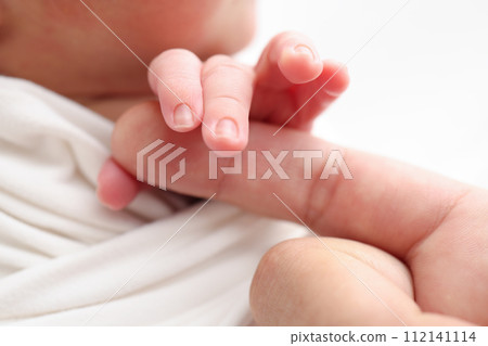 Close-up of baby's small hand, head, ear and palm of mother. Macro Photo of Newborn baby after birth tightly holding parents finger on white background. Family and home concept. Healthcare paediatrics 112141114