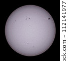 Full image of the white sun with a huge sunspot and many sunspots 112141977