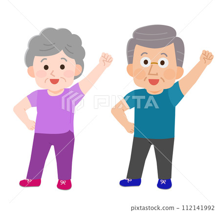 Illustration of energetic elderly men and women exercising 112141992
