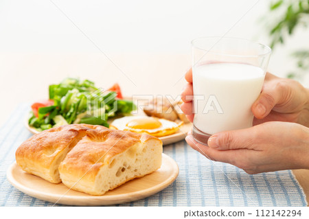 Breakfast image of milk and bread Breakfast image of milk and bread 112142294