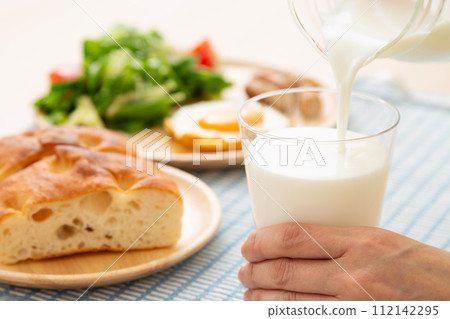 牛奶和麵包的早餐形象 112142295