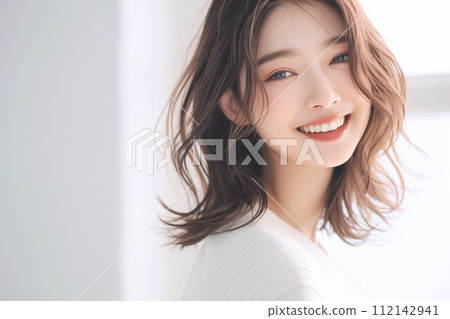 Smiling medium short hair woman "AI generated image" 112142941