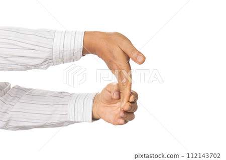 Senior man stretch his hands and wrists decrease the chance of injury , Carpal tunnel and office syndrome because using computer long time. 112143702