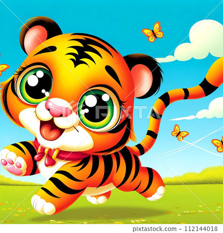 A baby tiger in the spring breeze playing with butterflies 112144018