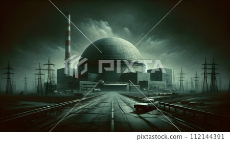 AI-generated content. An atmospheric scene centered around a large nuclear power plant. 112144391