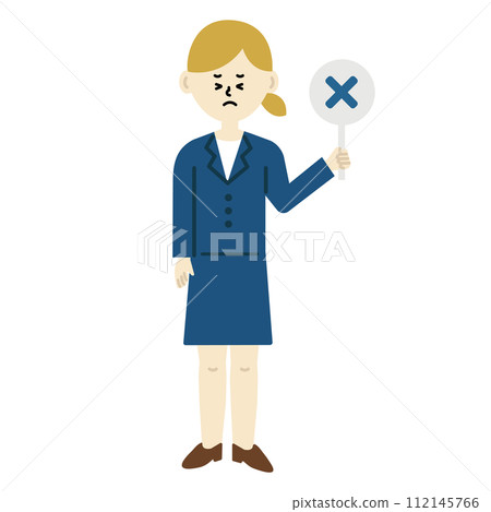 Illustration of a woman in a blue suit giving an incorrect answer 112145766