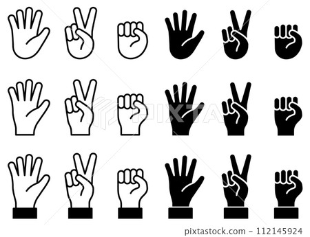 石頭、紙、剪刀手標誌圖示的向量插圖集 112145924