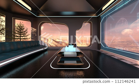 Living room with large windows 112146241