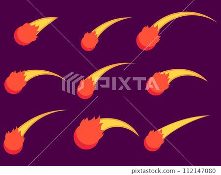 Falling meteorite icon set isolated. Flying comet with a tail, burning meteorite in a minimalist style. Collection of falling asteroids, space object. Vector illustration Falling meteorite icon set isolated. Flying comet with a tail, burning meteorite in a minimalist style. Collection of falling asteroids, space object. Vector illustration 112147080