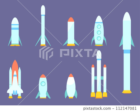 Spaceships and rockets set isolated. Space rocket program. Spaceships for space exploration and flight to Mars. Icon design for print, banners and advertising. Vector illustration Spaceships and rockets set isolated. Space rocket program. Spaceships for space exploration and flight to Mars. Icon design for print, banners and advertising. Vector illustration 112147081