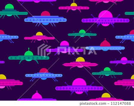 Seamless pattern with multi-colored UFO. Background with alien spaceships and space flying saucers. Alien spaceships. Design for print, banners and advertising. Vector illustration Seamless pattern with multi-colored UFO. Background with alien spaceships and space flying saucers. Alien spaceships. Design for print, banners and advertising. Vector illustration 112147088