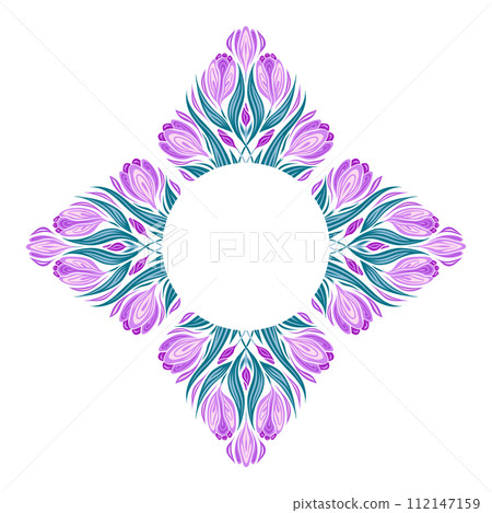 Vector frame with crocuses, foliages and place for text. Decorative card of spring flowers and copy space isolated from background. 112147159
