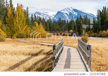 Spring Creek, Policeman Creek Boardwalk Trail in fall season. Town of Canmore, Alberta, Canada. Spring Creek, Policeman Creek Boardwalk Trail in fall season. Town of Canmore, Alberta, Canada. 112147368