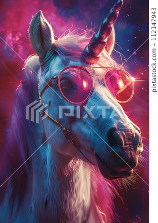 Hyper-Realistic Unicorn Wearing Pink Sunglasses Against A Starry Background 112147943