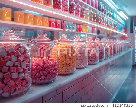 Sweet Shop Candies displayed in glass jars Sweet Shop Candies displayed in glass jars 112148330