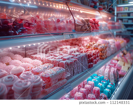 Different types of cakes and varius desserts in shop glass display. Different types of cakes and varius desserts in shop glass display. 112148331