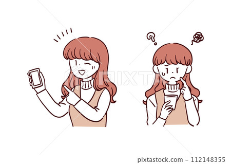Illustration material of a young woman touching a smartphone 112148355