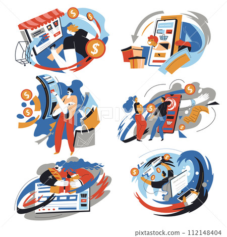 Shopping online, people using websites and stores Shopping online, people using websites and stores 112148404