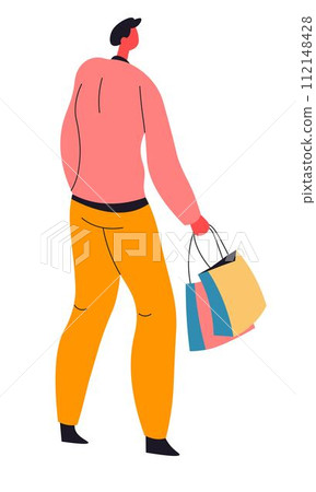 Man walking with bags returning from shopping Man walking with bags returning from shopping 112148428