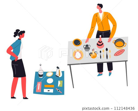 People selling kitchenware on flea market sale People selling kitchenware on flea market sale 112148436