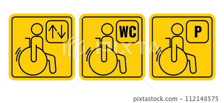 Accessibility icon set for people who use wheelchairs, square yellow pictogram, black outline. Editable stroke, color. Toilet, elevator, parking sign. Vector symbol, minimalist flat style 112148575