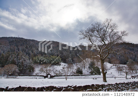 Ichijodani Asakura clan ruins covered in snow Ichijodani Asakura clan ruins covered in snow 112148972