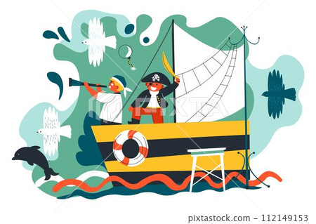 Children playing pirate games on old ship vector 112149153
