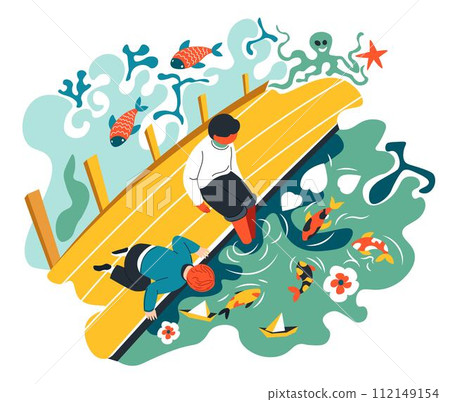 Children playing by garden with pond with koi fish 112149154