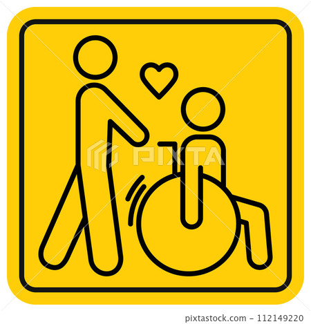 Volunteer helping a person who uses a wheelchair. Accessibility icon, square yellow pictogram, outline. Editable stroke. Concept of caring for a person with disabilities. Vector symbol, flat style. 112149220