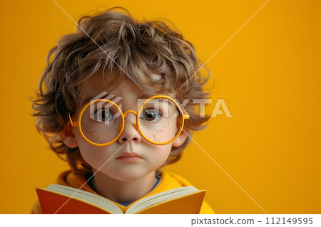 Thoughtful Toddler in Glasses Reading a Book in a Yellow Background 112149595