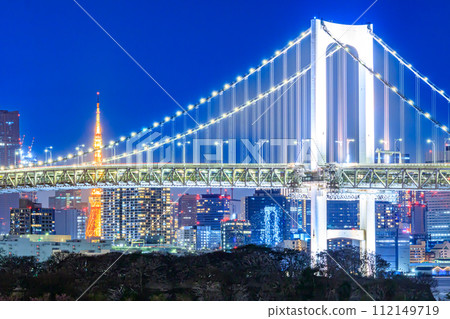 [Tokyo cityscape] Night view of Rainbow Bridge and Tokyo Tower 112149719