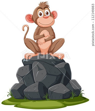 Cheerful Monkey Sitting on Rocky Outcrop Cheerful Monkey Sitting on Rocky Outcrop 112149863