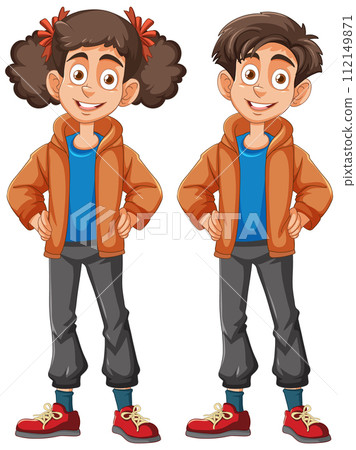 Happy Cartoon Siblings Standing Together Happy Cartoon Siblings Standing Together 112149871