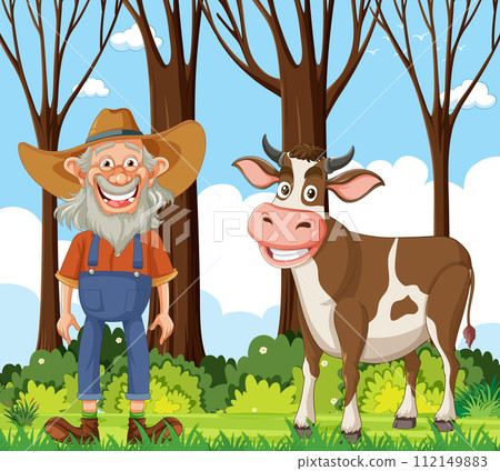 Happy Farmer and Cow in Pasture 112149883