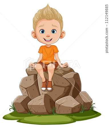 Happy Child Sitting on Rock Pile 112149885
