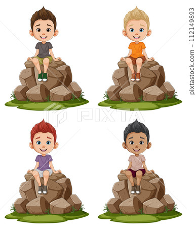 Happy Children Sitting on Rocks 112149893
