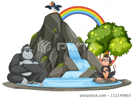 Mountain Waterfall with Playful Wildlife 112149903