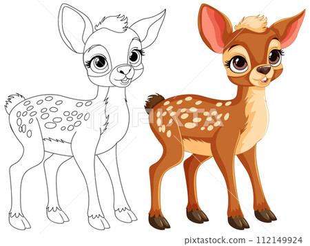 Cute Fawn Illustration in Color and Outline 112149924